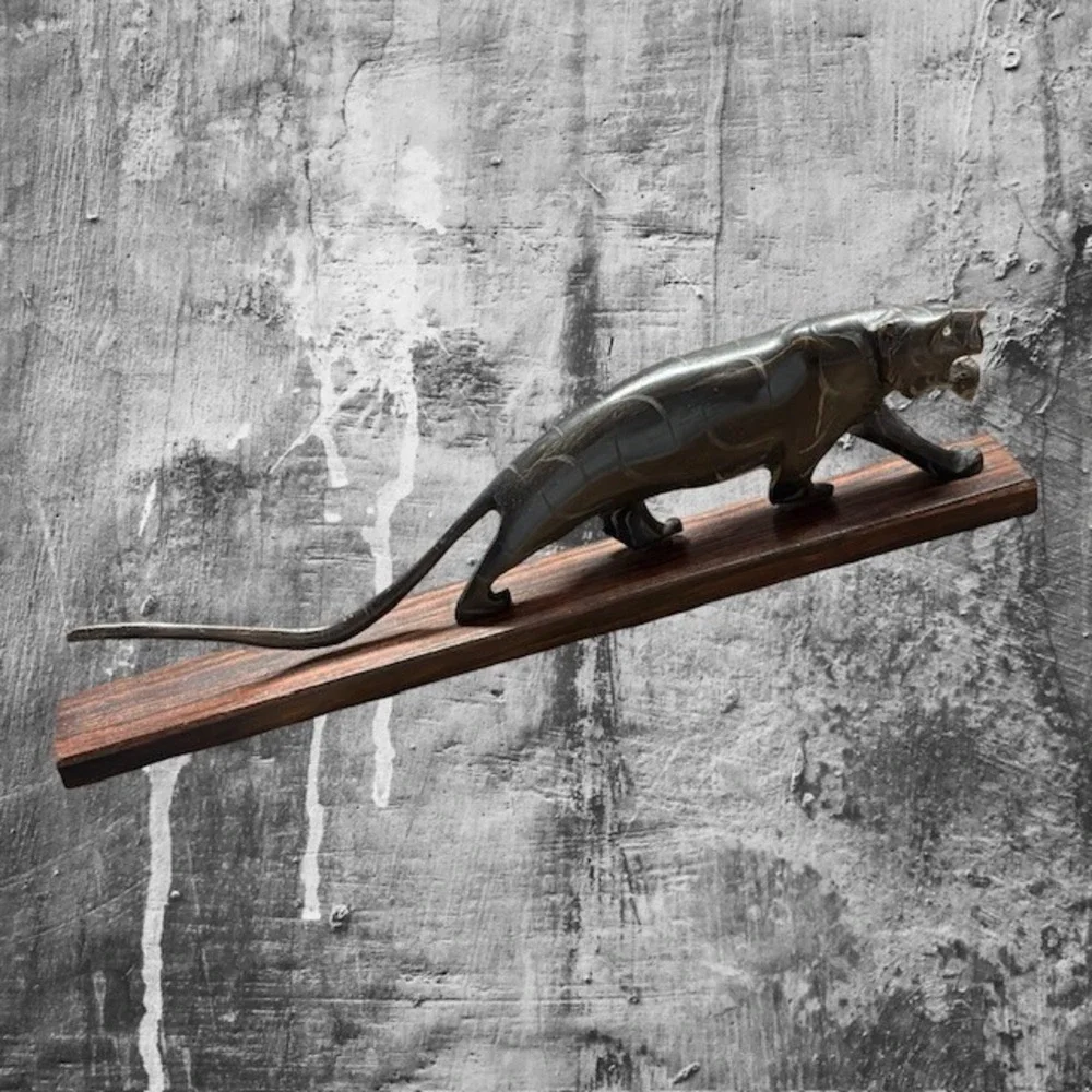 Vintage Hand-Carved Water Buffalo Horn Panther Sculpture on Wood Base